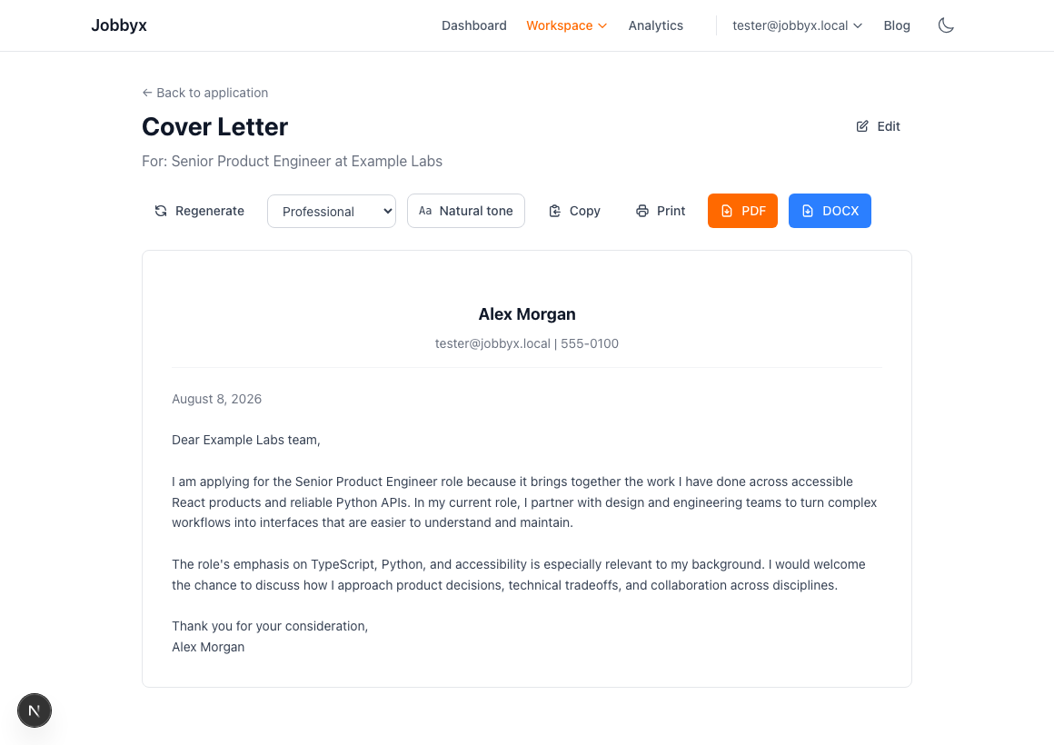 Jobbyx cover letter workspace with editing, copy, print, PDF, and DOCX controls