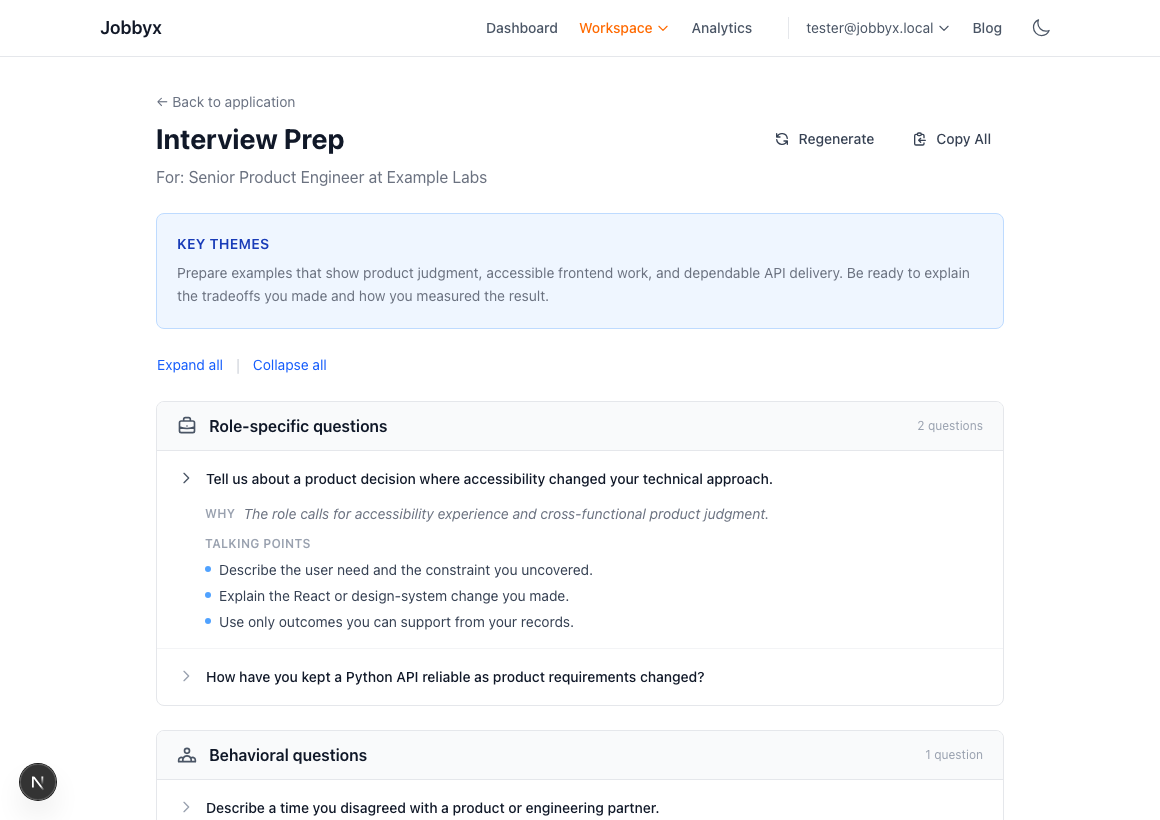 Jobbyx interview preparation workspace with key themes, questions, and source-grounded talking points
